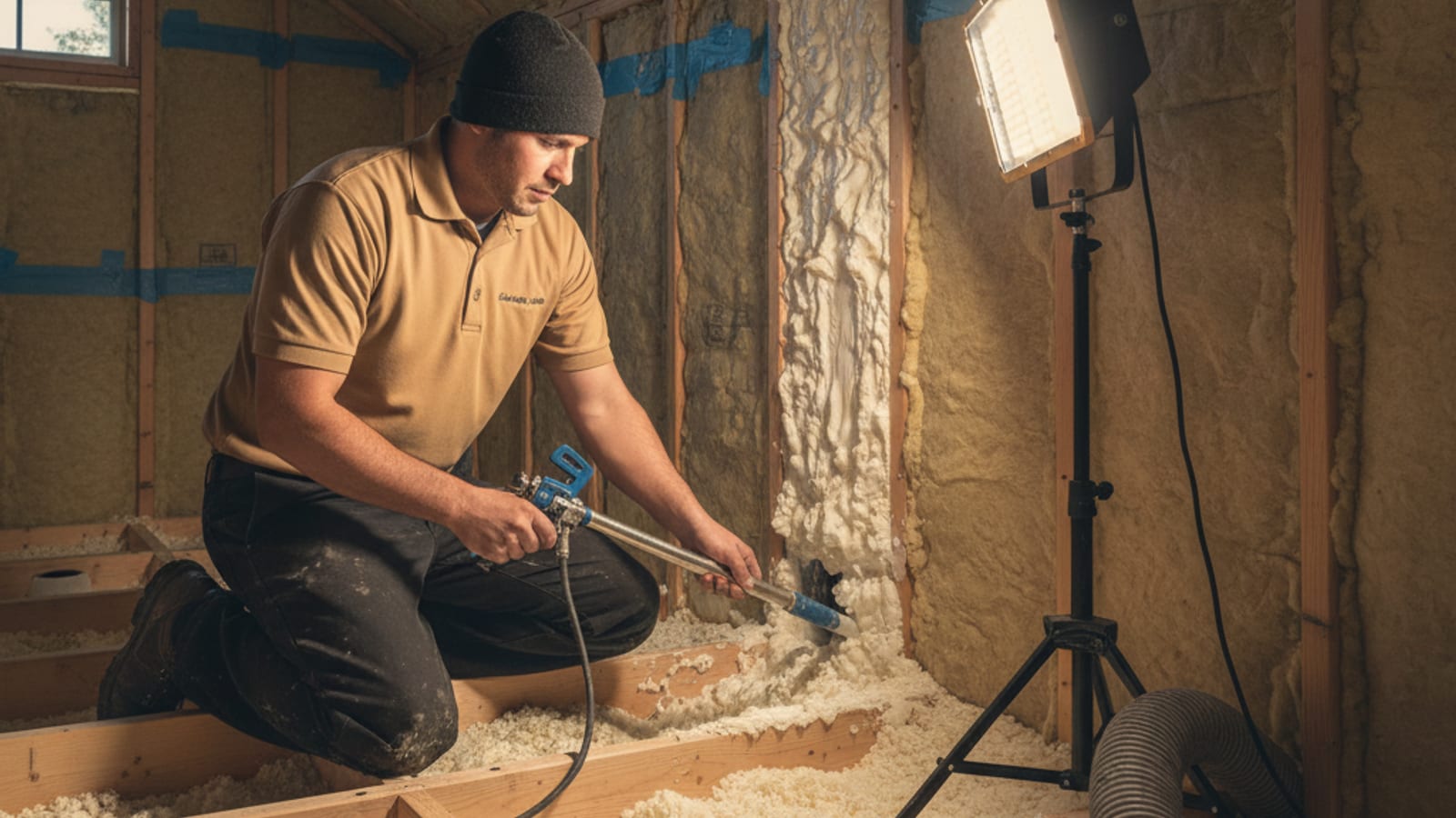 Technician inspecting an attic during a home energy audit in San Diego