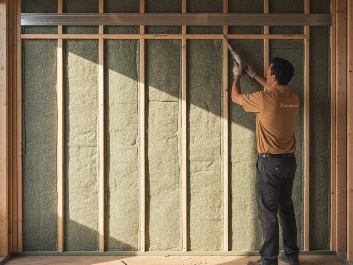 Installer placing dense mineral wool batts into an interior wall cavity for sound control
